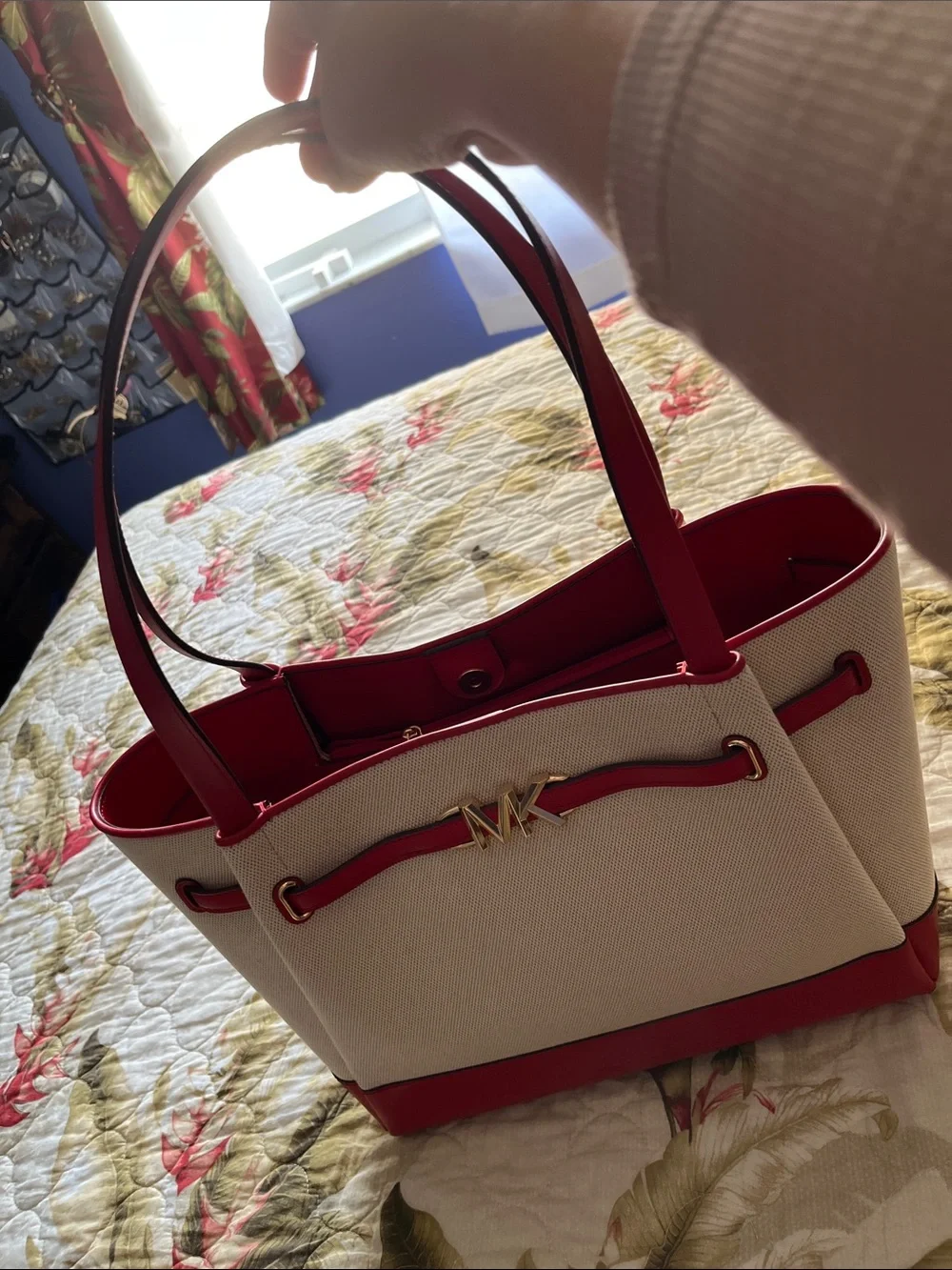 Michael Kors Cream Canvas Tote with Red Trim and Gold MK Logo
